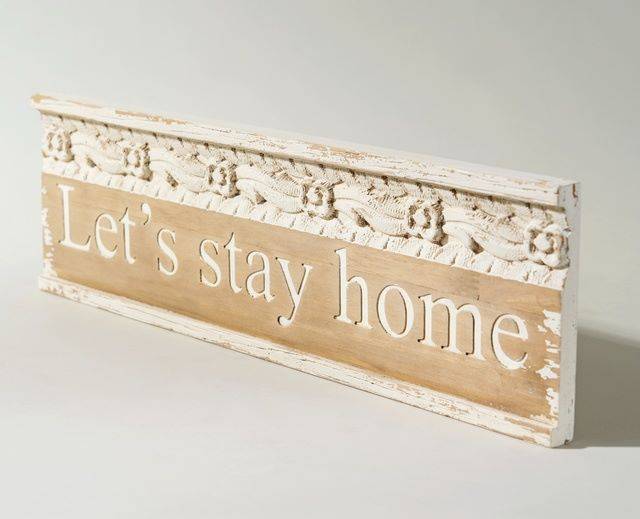 carved sign wood look lets stay home