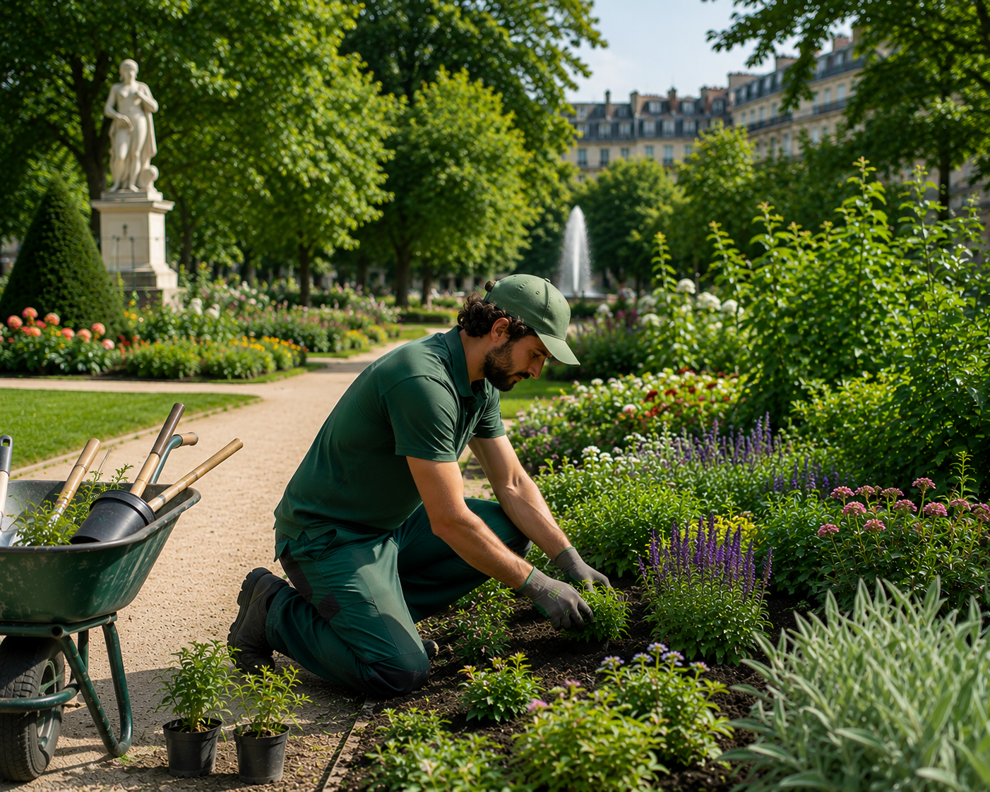 Paysagiste au travail dans un jardin ensoleillé