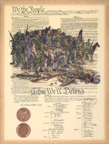 The Constitution of the United States overlayed with a painting of US soldiers throughout time.
