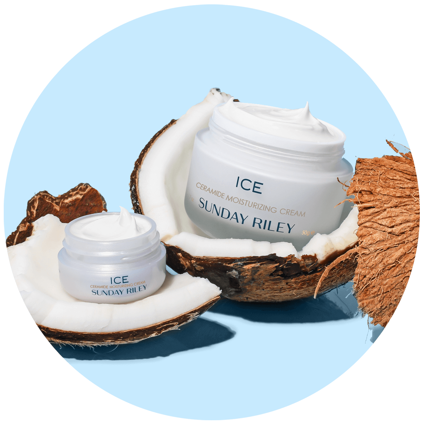 ice ceramide moisturizing cream bottle on blue background with coconut pieces on the side