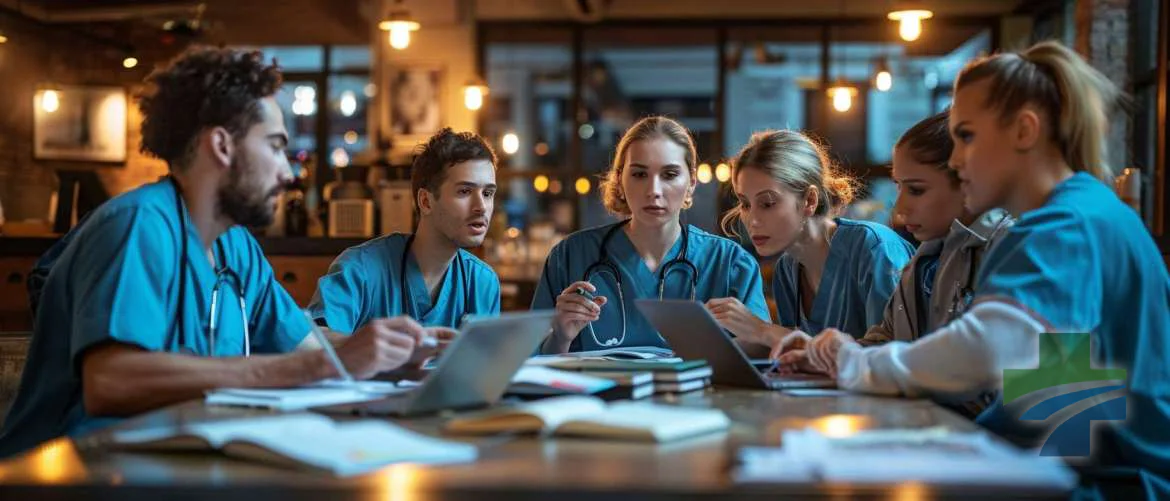 Travel nurses in a cozy coffee shop engaged in a lively medical terminology study session.