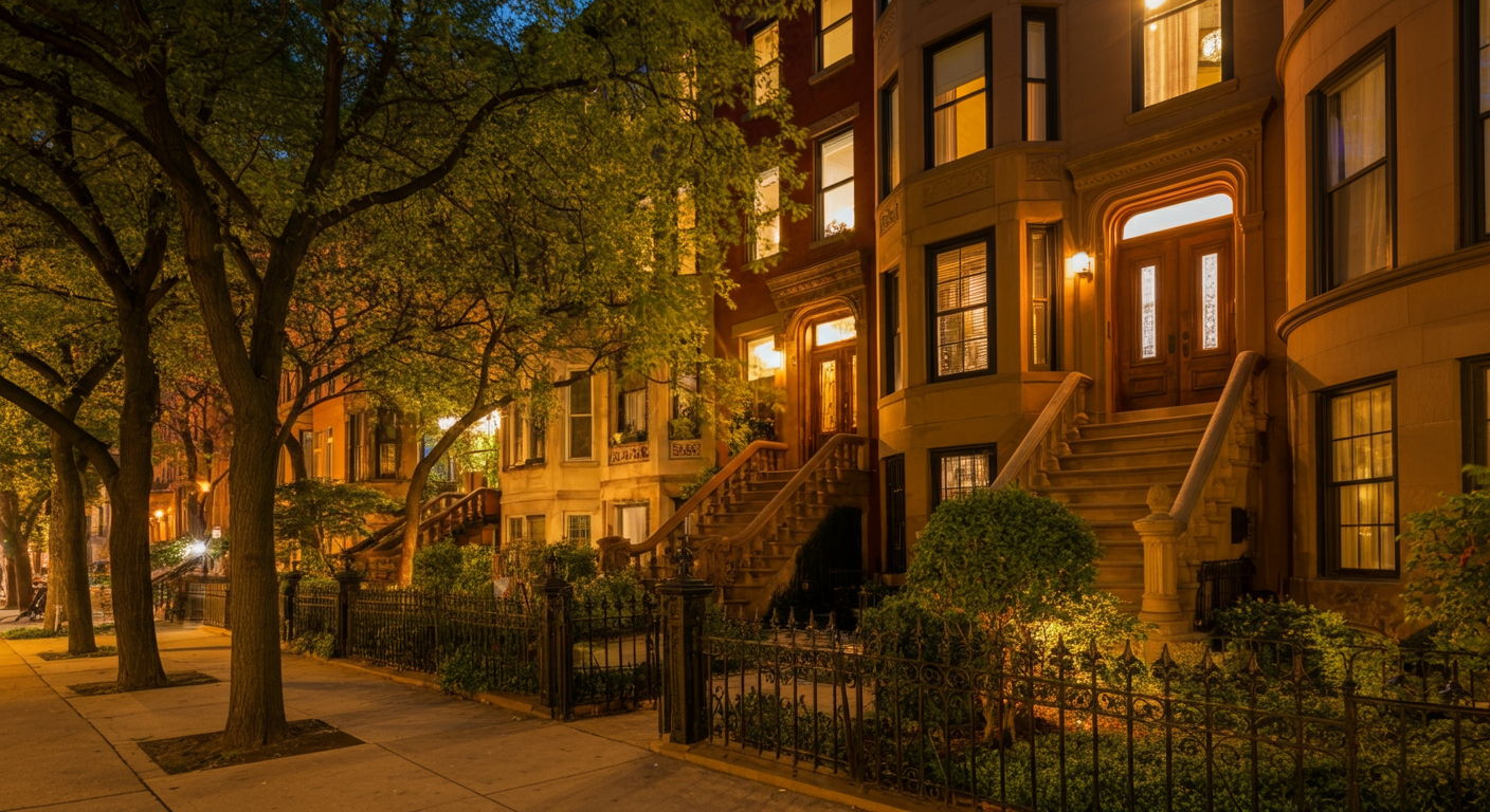 An elegant tree-lined street in Chicago's Gold Coast neighborhood at dusk, featuring historic brownstone buildings with ornate facades, wrought-iron fences, and manicured gardens. Warm light emanates from windows, creating a sophisticated, established ambiance that showcases the neighborhood's architectural heritage and upscale character.