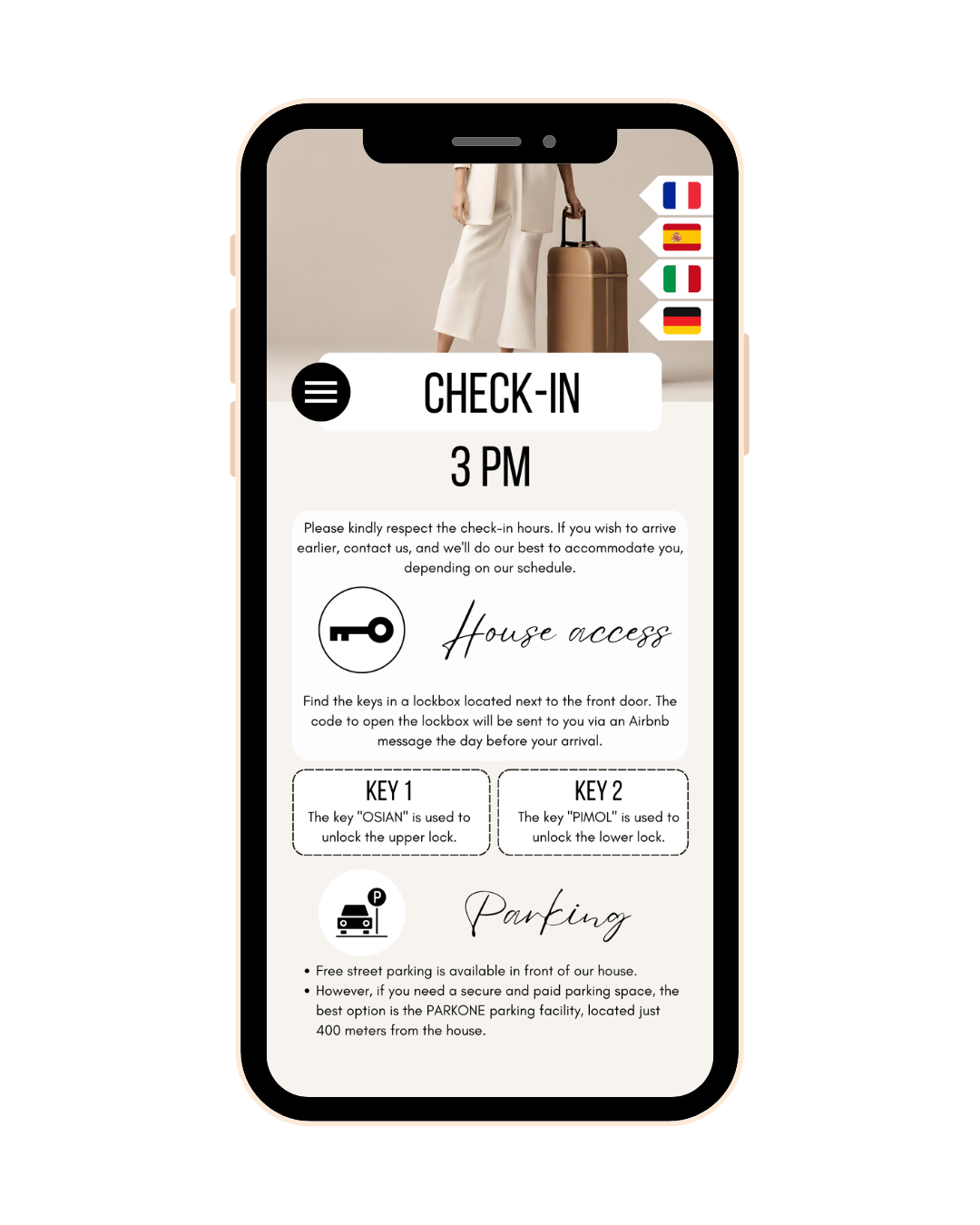 Editable Airbnb Welcome Book on smartphone screen, guest information guide template