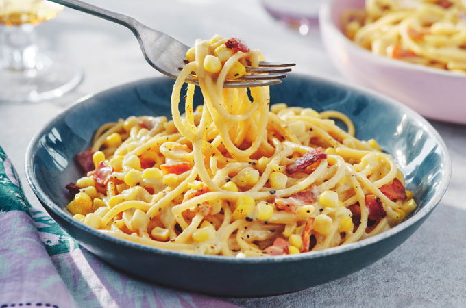 Spaghettoni Carbonara with Corn