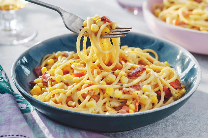 Spaghettonis carbonara au maïs