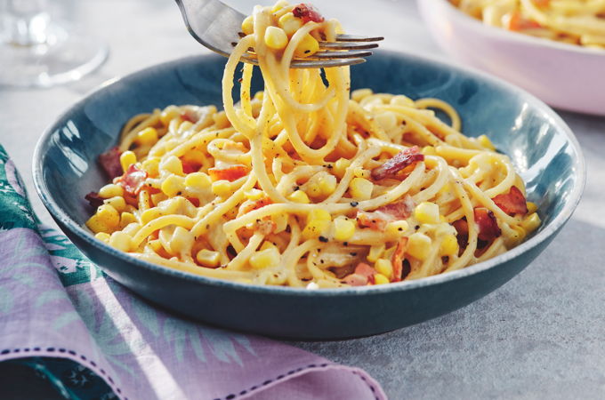 Spaghettonis carbonara au maïs
