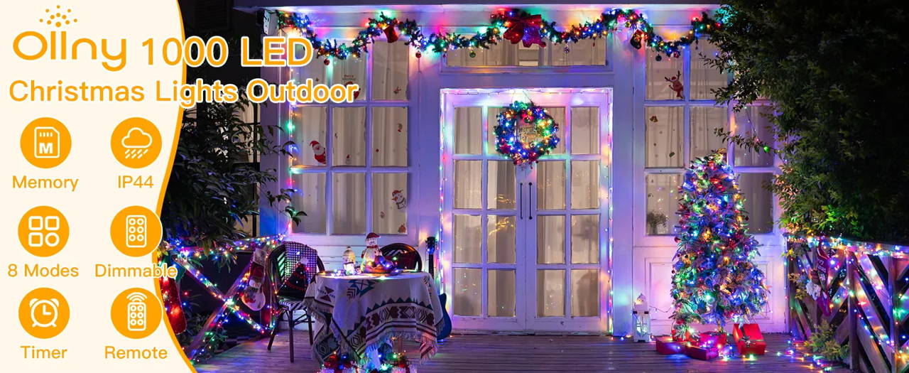 Features of Ollny's 800 leds clear cable cool white string lights - desktop size