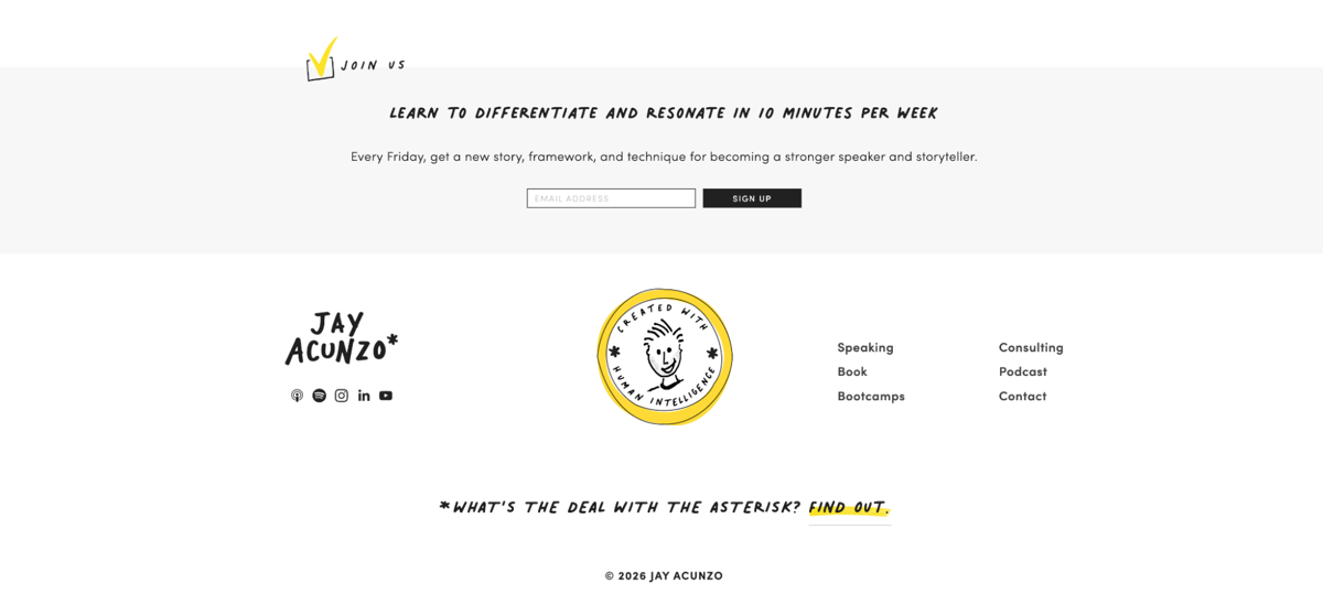 Screenshot of Jay Acunzo, from the website footer designs collection.