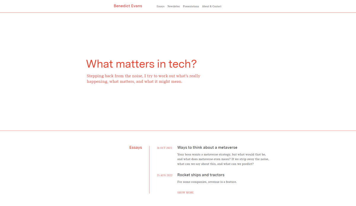 Screenshot of Benedict Evans, from the blog design examples collection.
