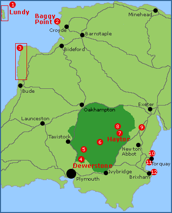 Map of the main rock climbing areas in Devon