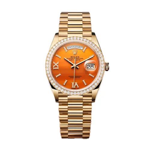 Rolex Day-Date 36 Carnelian Dial Diamond Bezel