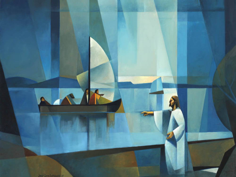 Abstract painting of Jesus calling to the apostles in the fishing boat.