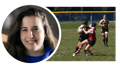 Headshot of Jessie Garcia alongside a photo of Jessie Garcia playing rugby.