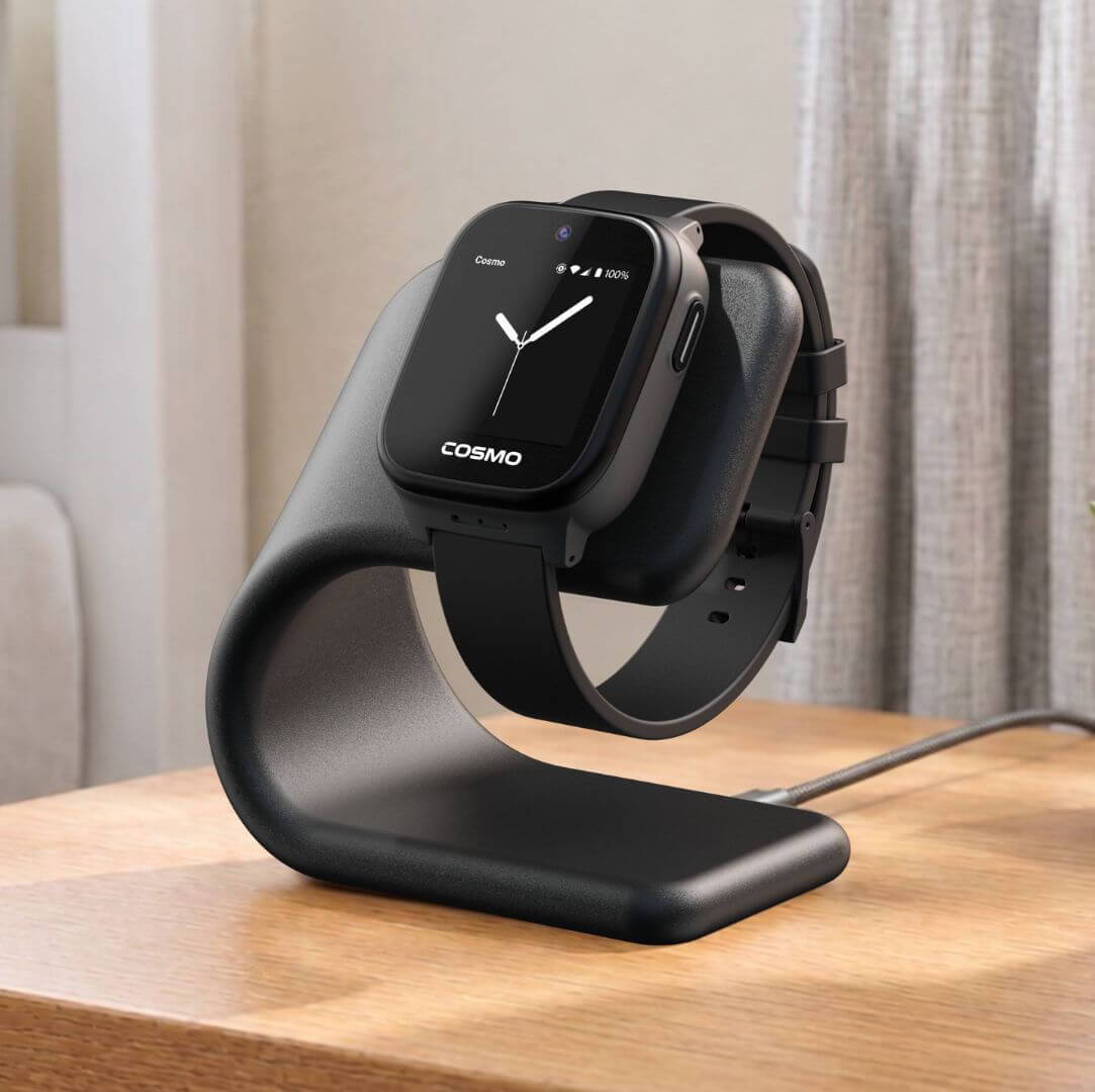 JrTrack 5 smartwatch on a Launchpad stand