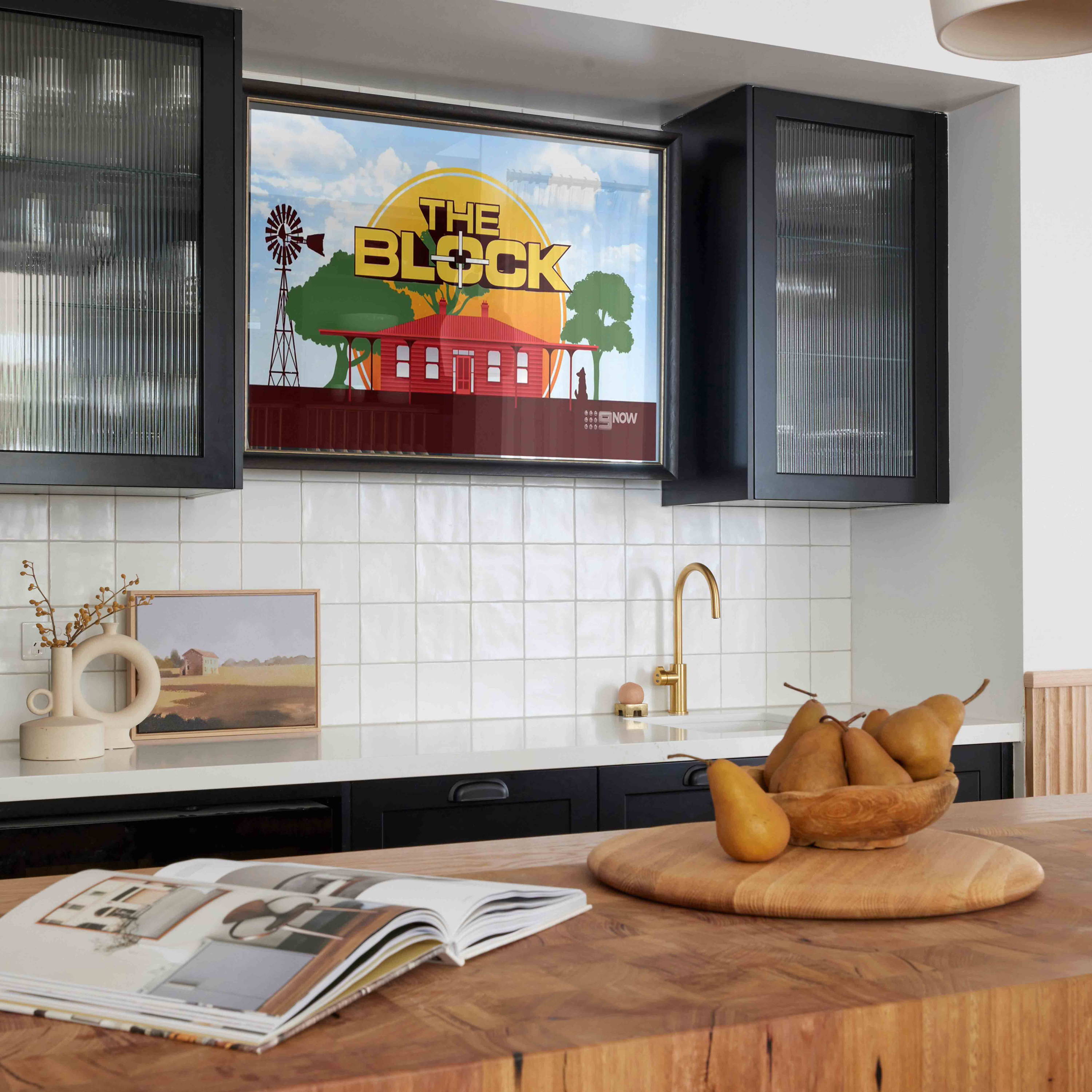 TV-Mirror in Classic Black Frame with Pewter Detail by FRAMING TO A T - A TV-Mirror in the kitchen in a black contemporary frame