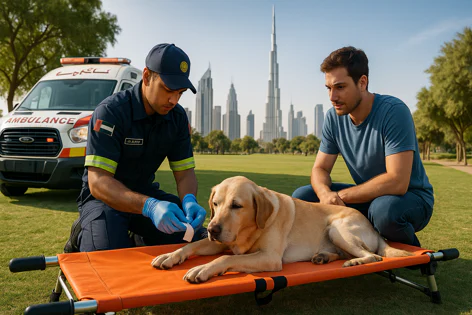 Paramedic provides first aid to a Labrador dog on a stretcher in a park. The dog's owner watches, with an ambulance and the Dubai skyline behind them.