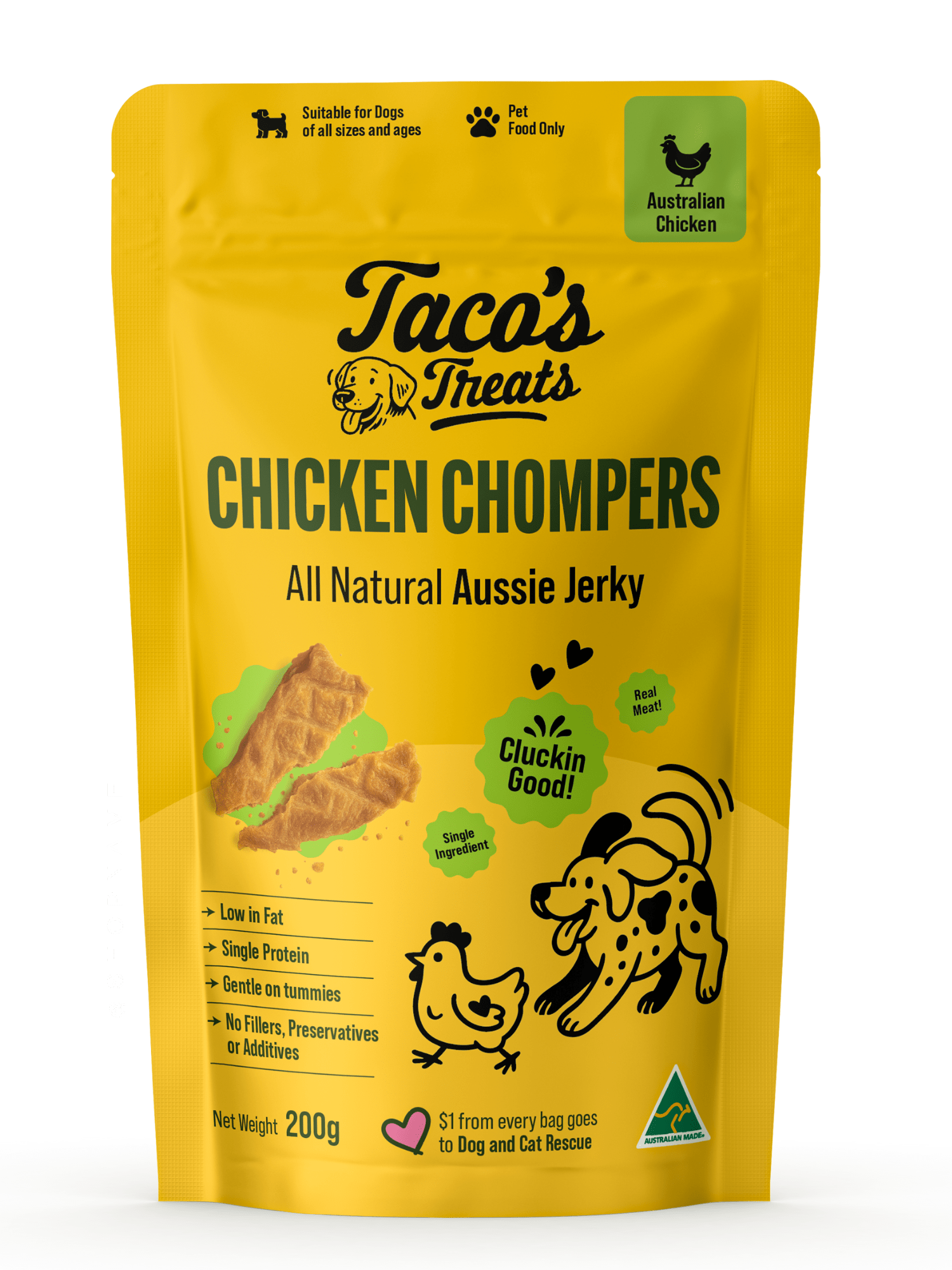 Natural single-protein chicken dog treats – Australian made, human-grade, air-dried for healthy muscles and easy digestion.