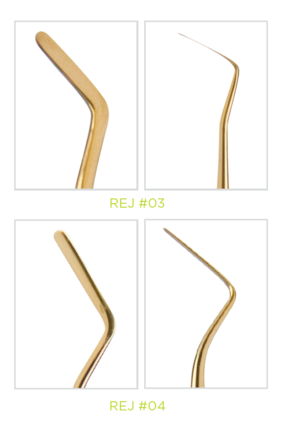 Four different tips of Ronald Jordan composite instrument series in gold colour