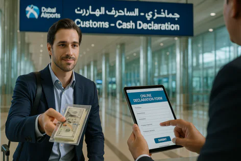 A man presents a stack of US dollars at Dubai Airport customs while another person holds a tablet displaying an online cash declaration form.