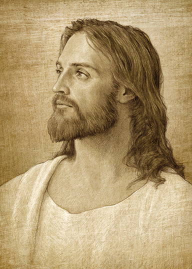 Sepia-toned portrait sketch of Jesus. 