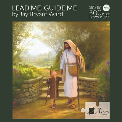 Box cover of 500 piece puzzle featuring a painting of Jesus walking with a young shepherd boy.