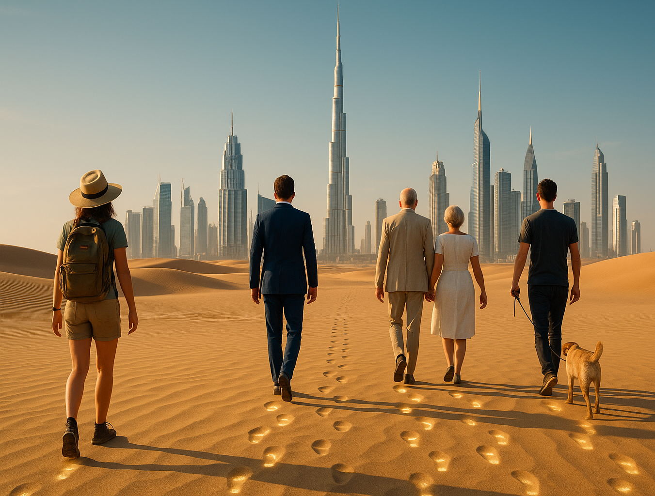 Group of diverse people and a dog walking through the desert toward the Dubai skyline, with the Burj Khalifa prominently visible in the background.