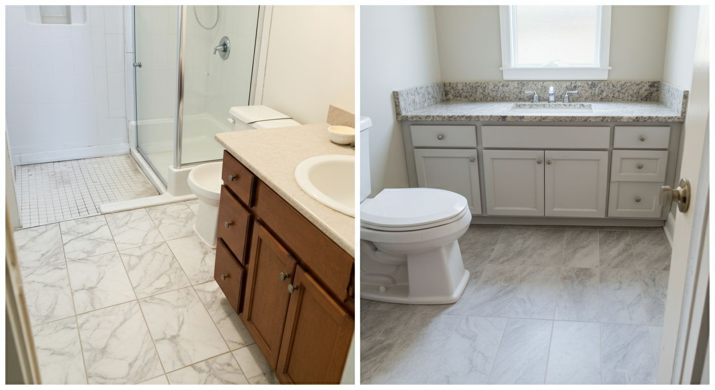 Before and after images of a bathroom floor transformation, showing dated ceramic tile replaced with luxury vinyl plank in a marble-look finish. The new waterproof flooring provides the upscale aesthetic buyers expect while offering practical benefits in wet areas.