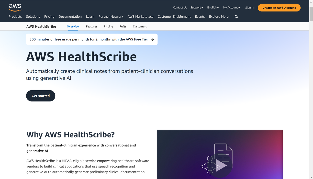 Screenshot of AWS Healthscribe's website landing page, an AI scribe