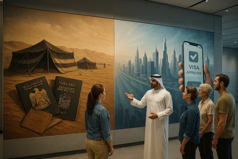 Mural depicting past and future travel. Left shows desert tents and passports. Right features modern city skyline and a phone displaying 'VISA APPROVED'. Viewers observe.
