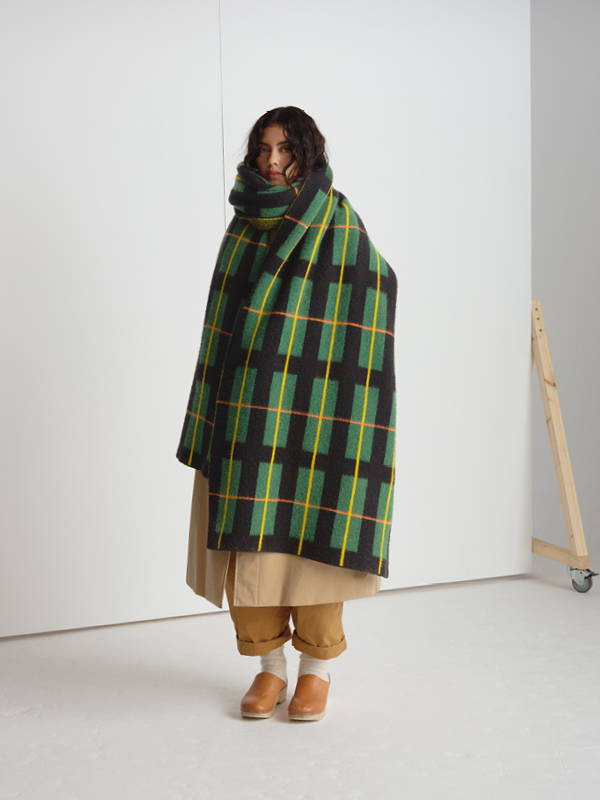 model wears Large Tartan Brushed Blanket Scarf
