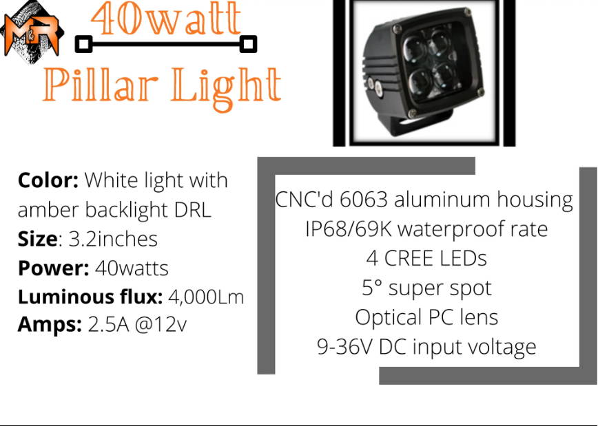 dimensions of the 40watt ight pods hood mount ditch lights by m&R automotive