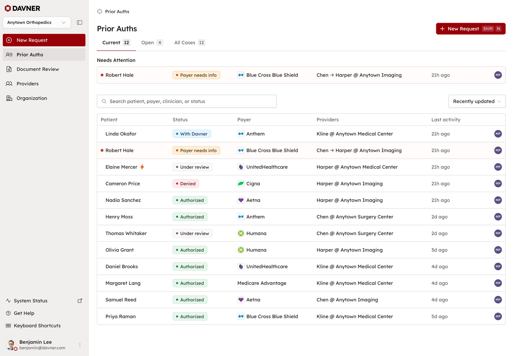 The Davner app showing a prior authorization request being managed