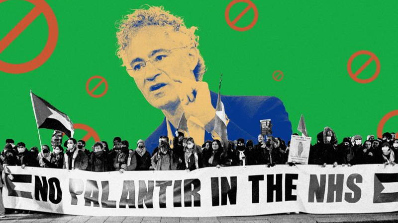 Photo illustration of Alex Karp juxtaposed behind a crowd protesting palantir