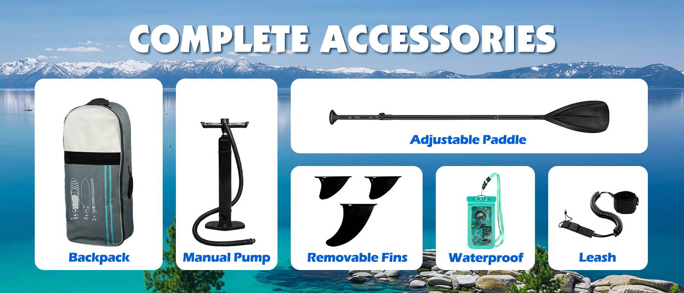 SUP paddle board comes with complete accessories: backpack, manual pump, adjustable paddle, removable fins, waterproof, leash