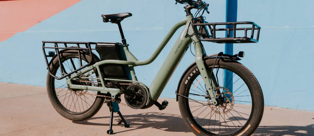 Momentum PakYak+ electric cargo bike parked on sidewalk