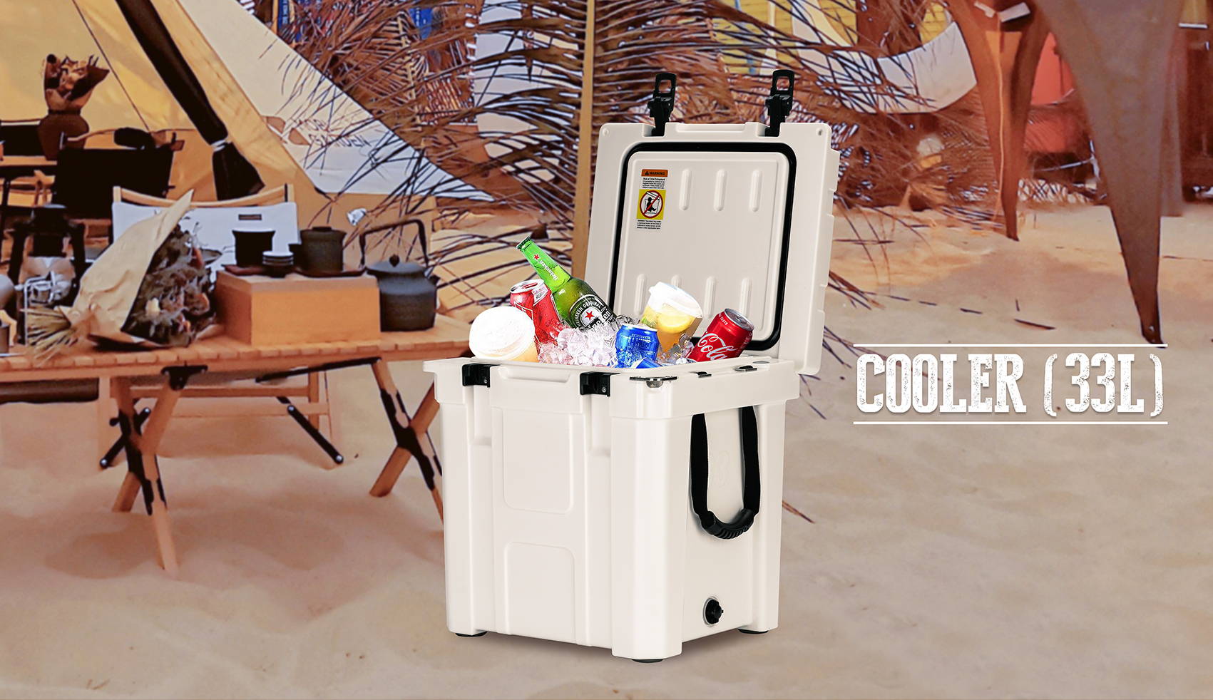 When camping, the white 33-liter cooler contains a lot of drinks