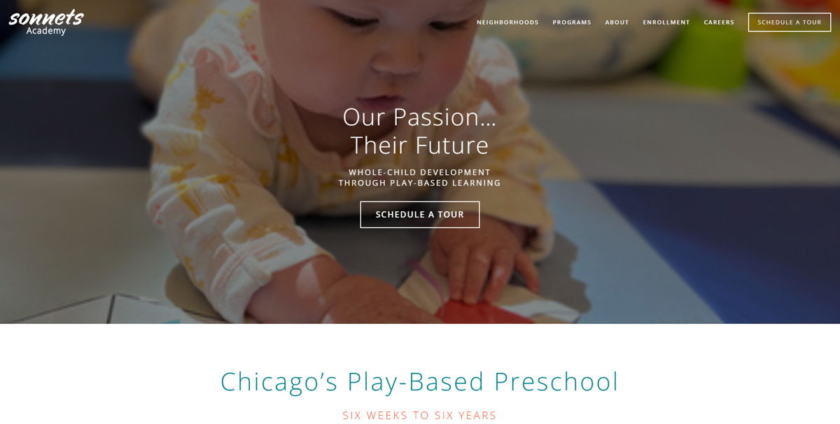 Screenshot of Sonnets Academy, from the childcare & daycare websites collection.