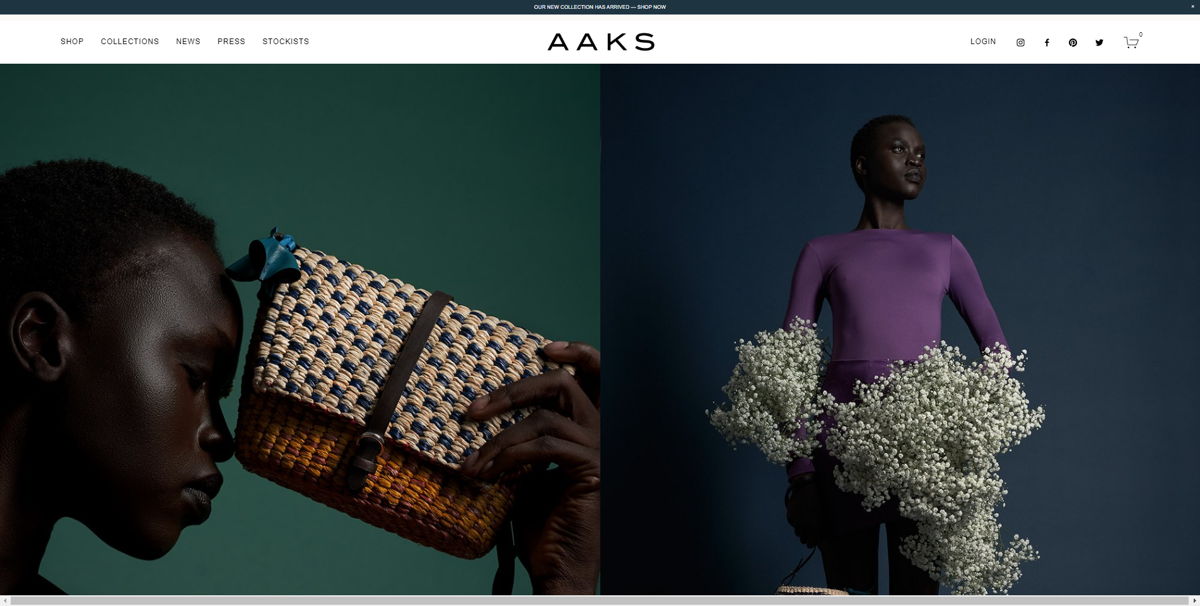 Screenshot of AAKS, from the squarespace ecommerce examples collection.