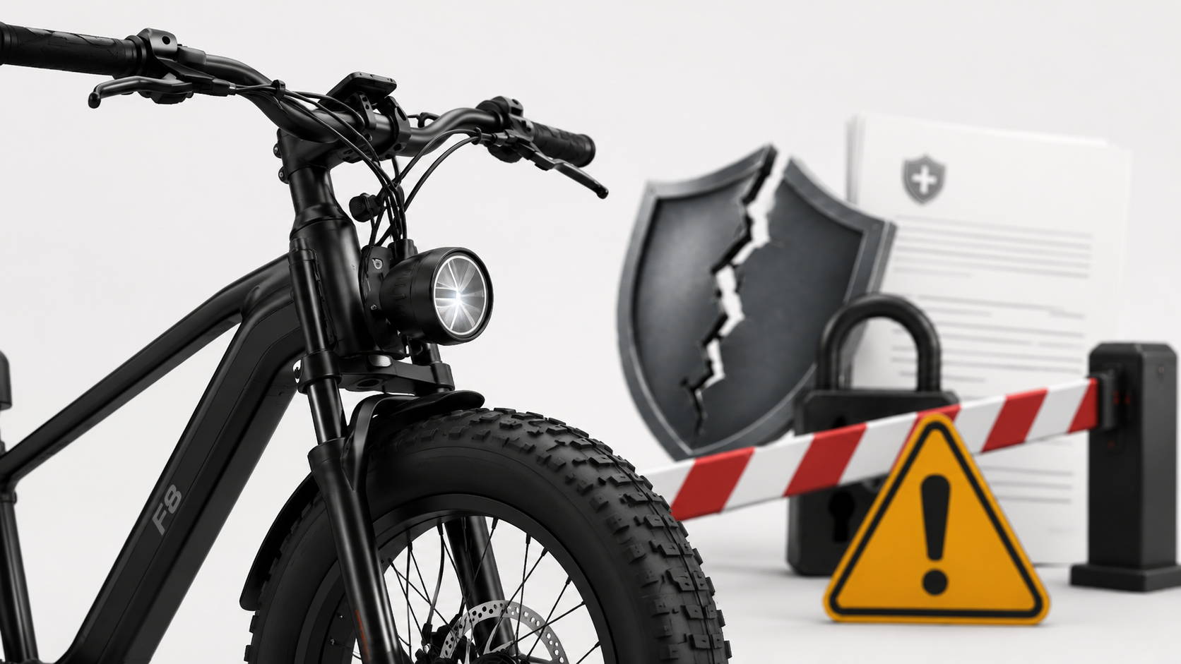 Close-up van het stuur, voorlicht en dikke voorband van een zwarte F8-stijl fatbike, met op de achtergrond een gebroken verzekeringsschild, slot, slagboom en waarschuwingsbord als symbool voor moeilijker fatbike verzekeren.