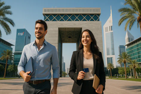 Smiling man and woman professionals walk outdoors in a modern city. They hold a laptop, notebook, and card against a backdrop of tall buildings and palm trees.
