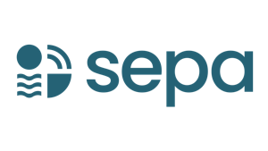 Logo featuring the word sepa in lowercase blue letters. To the left, a design with a blue circle, three curved blue lines below, and a semicircle with two curved lines resembling signal waves.