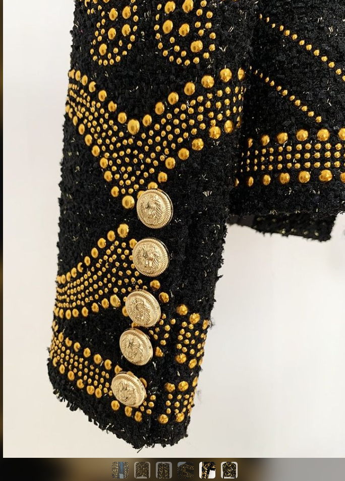 HIGH STREET Newest F/W 2022 Designer Fashion Women Stunning Metal Rivet Beaded Tweed Jacket - Image 5