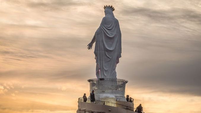 Harissa, Lebanon - March 5, 2020 Large statue in Shrine of Our Lady of Lebanon located in Harissa town
