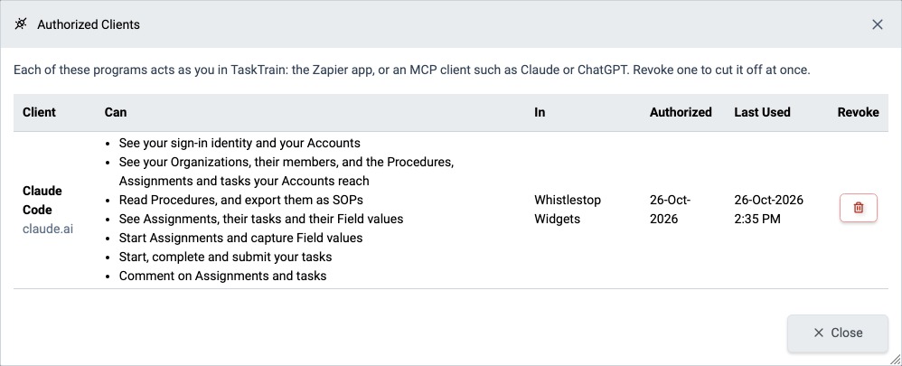 The Authorized Clients dialog listing Claude Code, what it may do, and its Organization