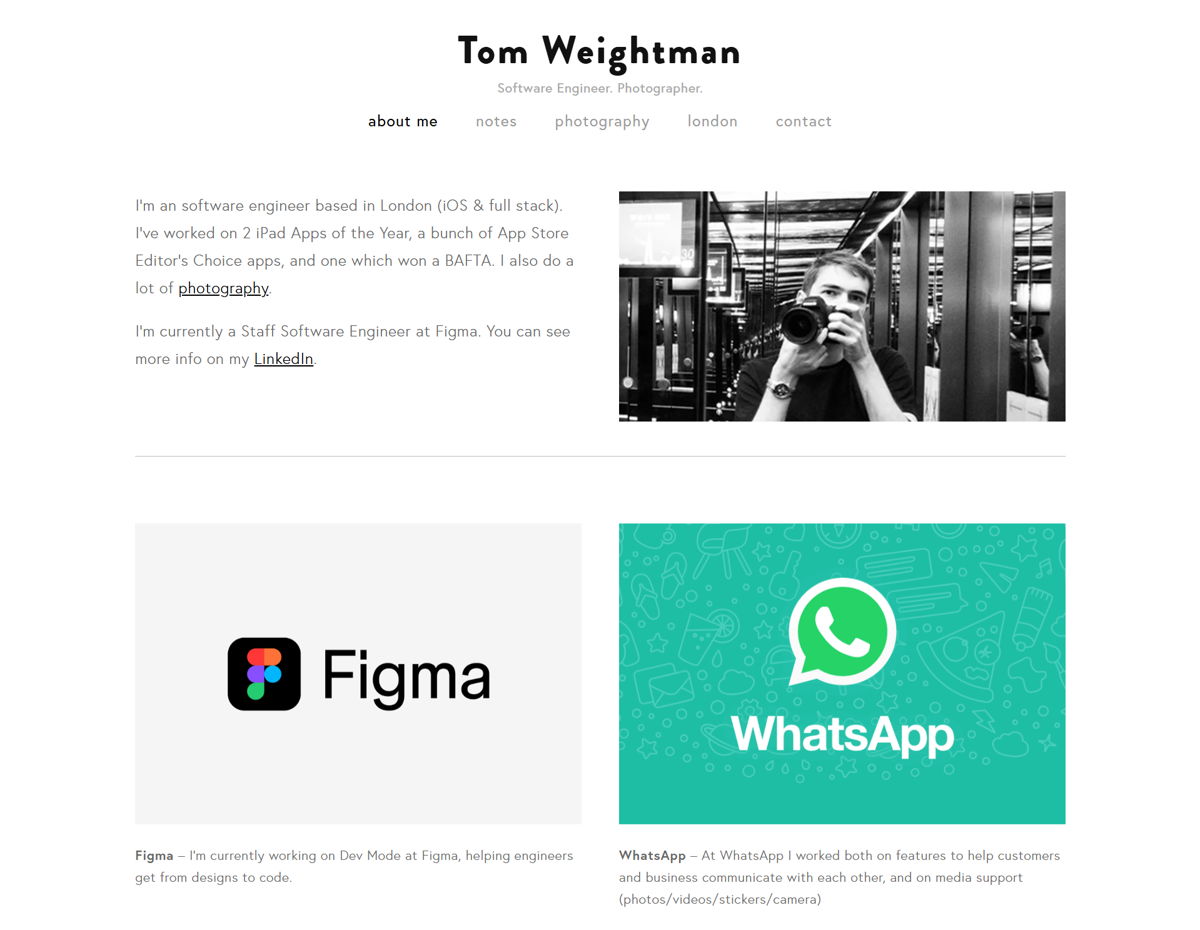 Screenshot of Tom Weightman, from the software engineer portfolios collection.