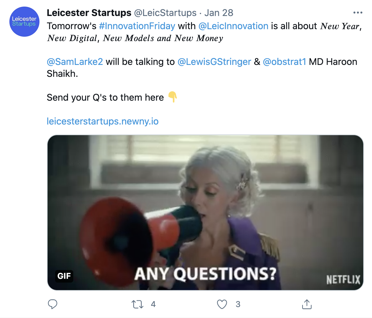 Leicester Startups tweeting their Newny link