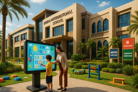 Teacher and student interacting with a large outdoor digital screen displaying educational content outside the Dubai International School building with curriculum signs and playground area.