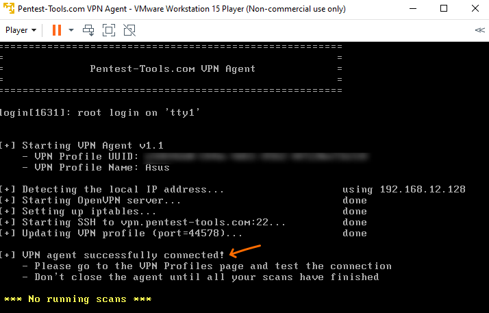 Pentest-Tools.com VPN Agent configuration file successfully connected message in VMware workstation