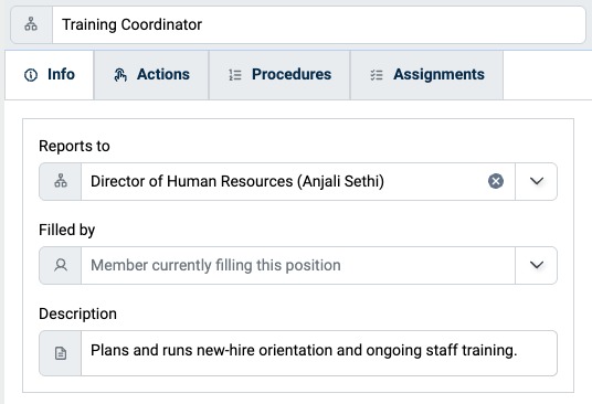 Info tab of a Position with Reports to, Filled by, and Description