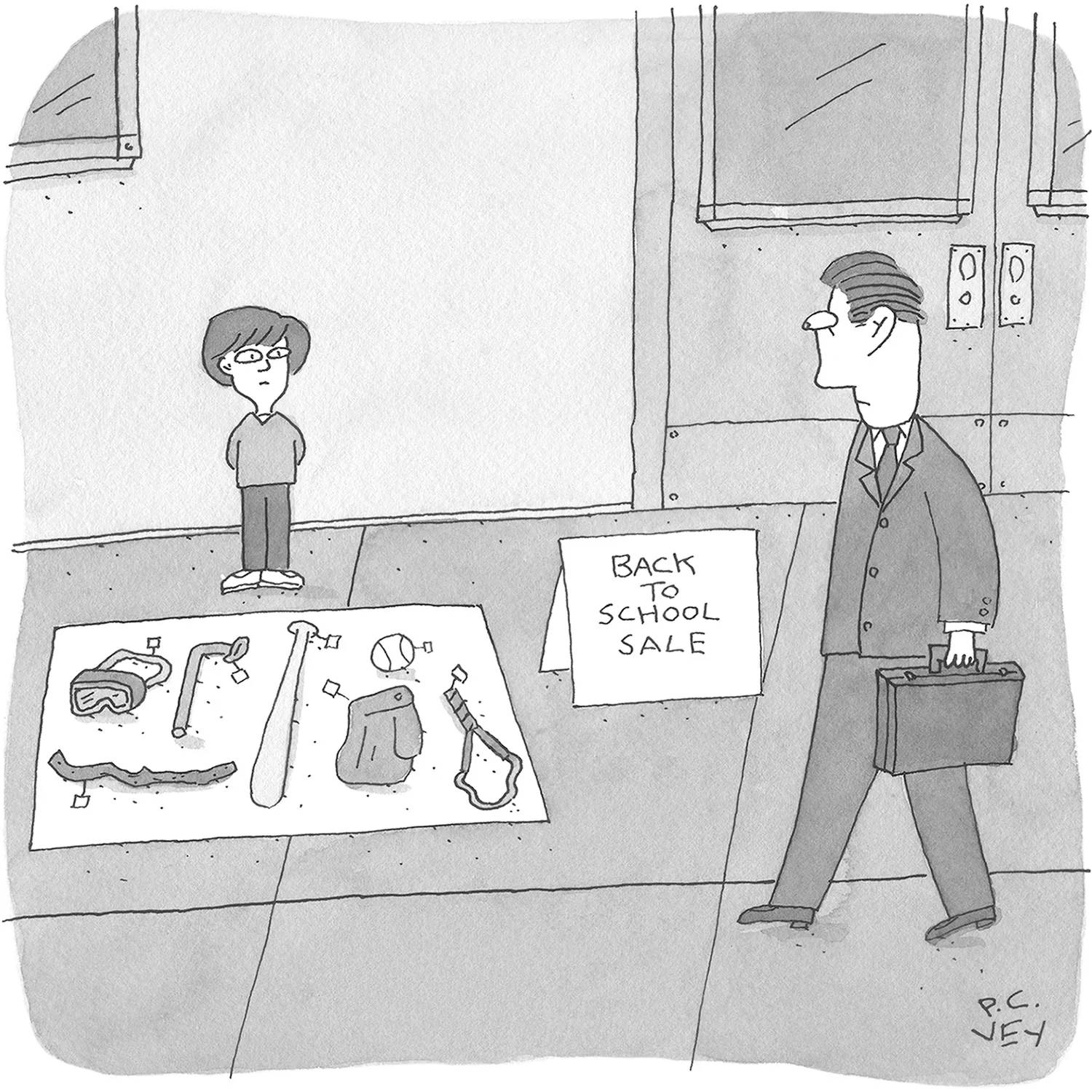 A businessman walks down the sidewalk and eyes a small child with sporting equipment spread out on a blanket. A sign...
